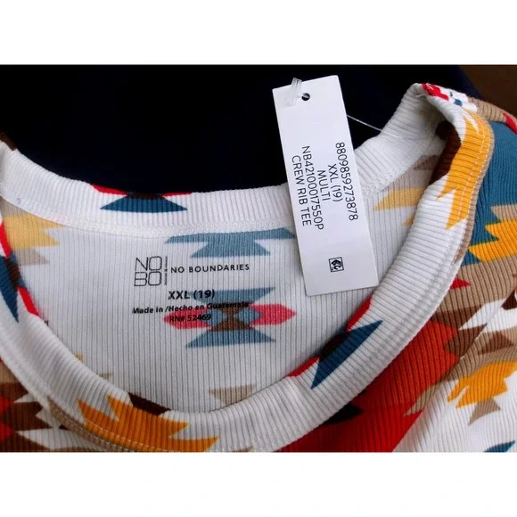 NO BOUNDARIES Womens Crew Neck Aztec Print Ribbed Tee Shirt XXL /#2677 - Picture 3 of 3
